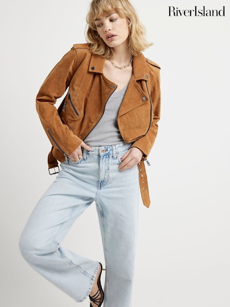 River Island Brown Suede Zip Biker Jacket (B81211) | €199