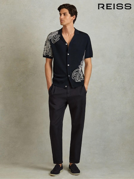 כחול כהה - Reiss Romance Jersey Embroidered Cuban Collar Shirt (B81249) | ‏1,006‏₪