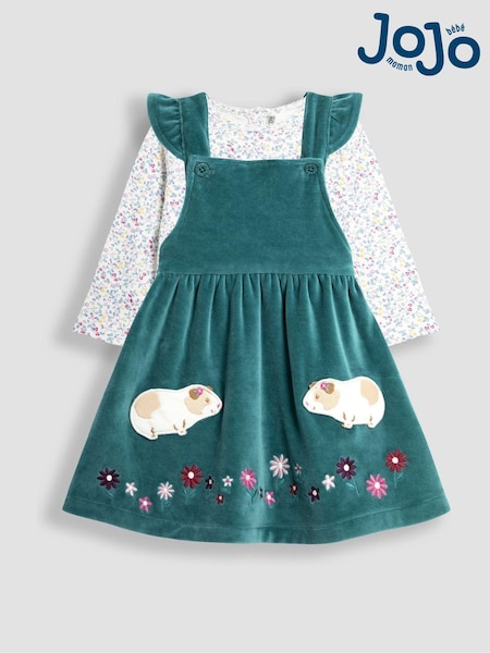 JoJo Maman Bébé Green Guinea Pig Appliqué Velour Pinafore Dress And Top Set (B81312) | €45