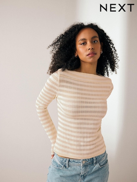 Ecru White Textured Long Sleeve Slash Neck Top (B81427) | €8