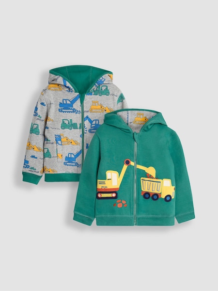 JoJo Maman Bébé Green Construction Applique Reversible Hoodie (B81478) | AED163