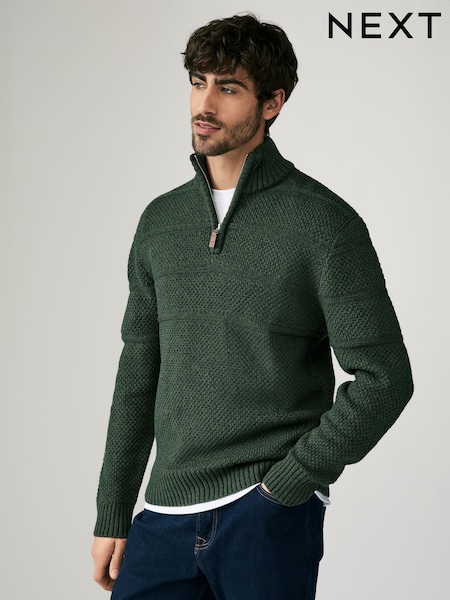 Dark Green Regular Fit Textured Zip Neck Jumper with Wool (B81504) | R$ 440
