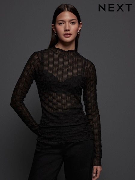 Black Textured Mesh Roll Neck Top (B81619) | AED70