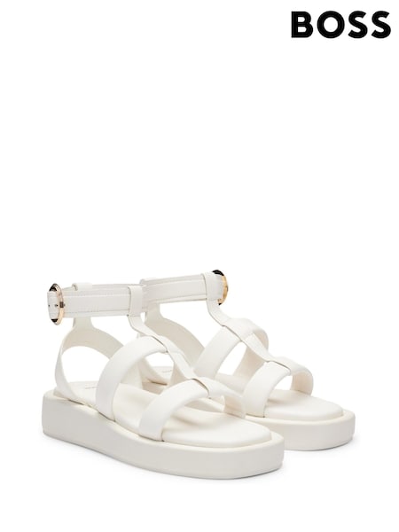 BOSS White Platform Leather Sandals With Branded Buckle Closure (B81621) | €152