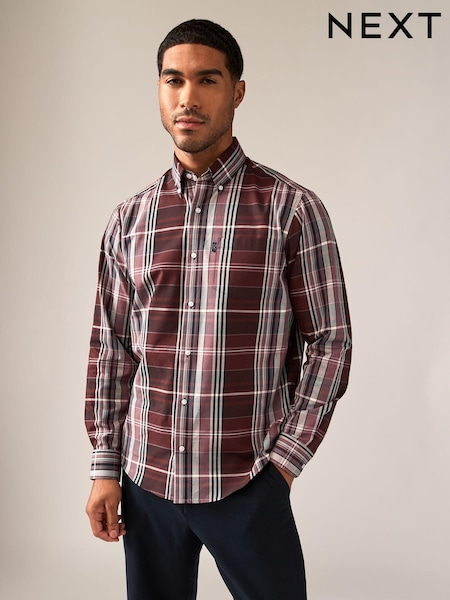 Burgundy Red Madras Check Regular Fit Easy Iron Button Down Oxford Shirt (B81809) | €19