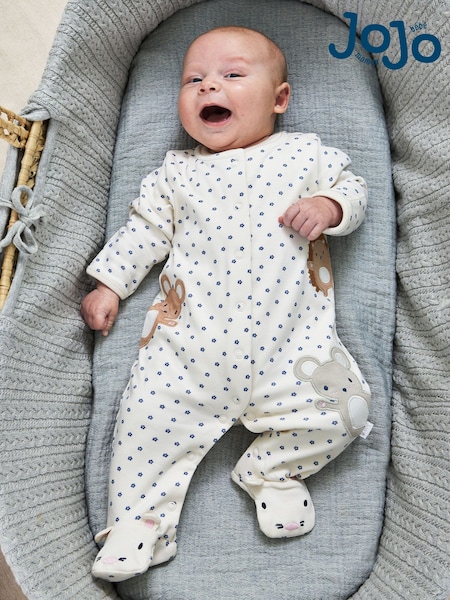שמנת - Jojo Maman Bébé Cotton Woodland Friends Appliqué Sleepsuit (B81827) | ‏106‏₪