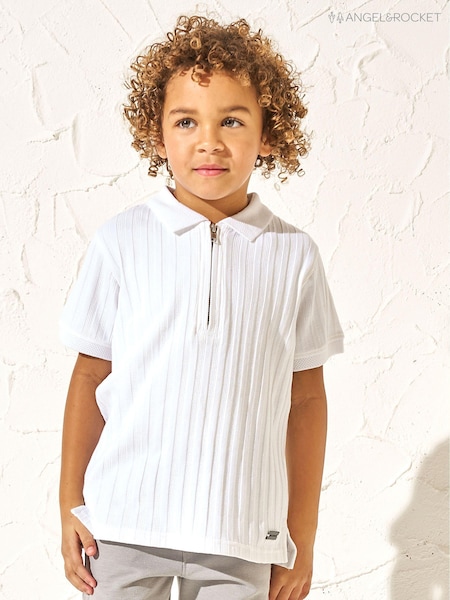 Angel & Rocket White 100% Cotton Textured Rib Hartley Quarter Zip Polo Shirt (B81871) | R$ 160 - R$ 195