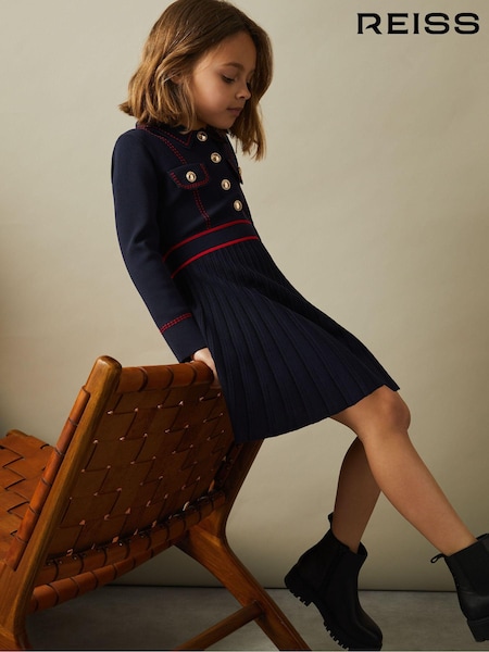 Reiss Navy Sapna 4-9 yrs Knitted Contrast Stitch Dress (B82033) | AED504