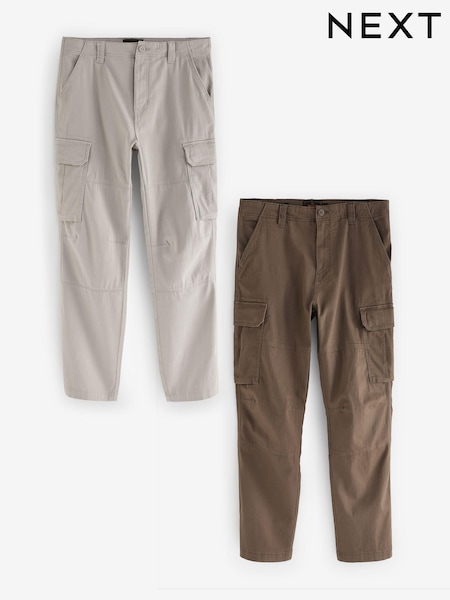 Light Stone/Mushroom Brown Slim Fit Cotton Rich Stretch Cargo Trousers 2 Pack (B82155) | €27
