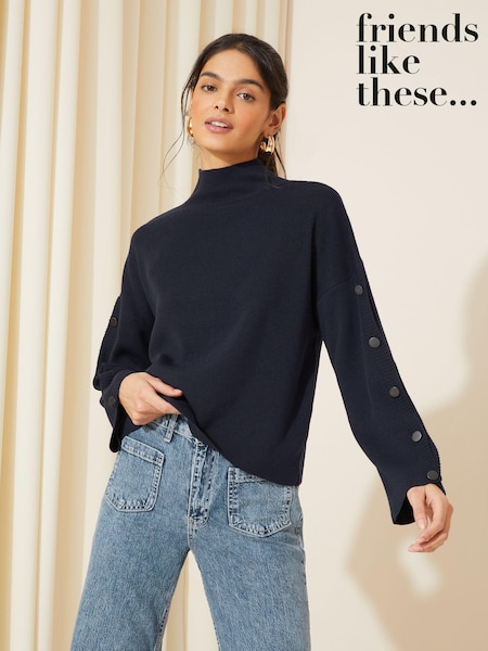 Friends Like These Navy Flute Sleeve Button Funnel Neck Knit Jumper (B82240) | 131 QAR