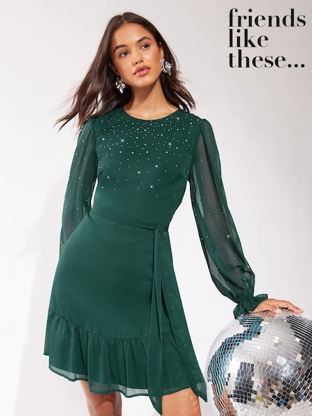 Friends Like These Green Diamonte Detail Chiffon Mini Dress (B82471) | €58