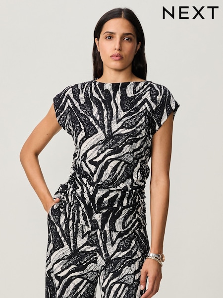 Black/White Zebra Print Textured Ruched Side Short Sleeve Top (B82488) | €9