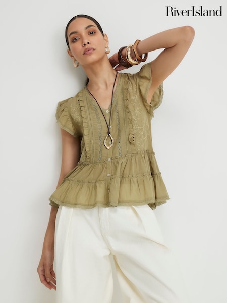 Verde - Blusa con volantes y cuentas de mezcla de algodón de River Island