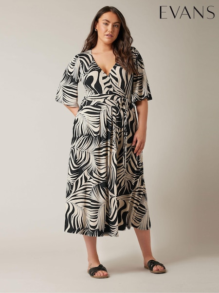 EVANS Curve Black Palm Print Wrap Midi Dress (B82602) | €26