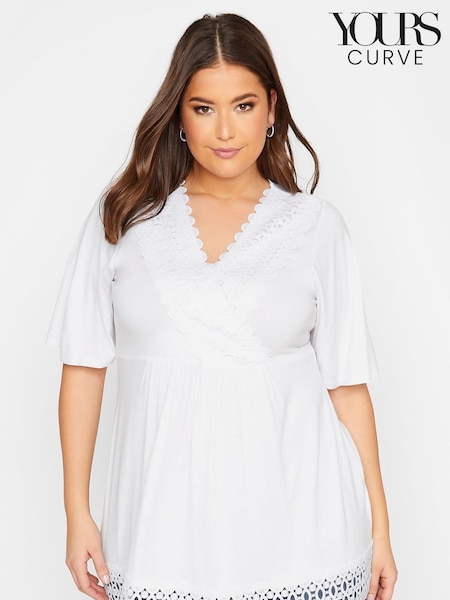 Yours Curve White Short Sleeve Crochet Trim Tunic (B82617) | €36