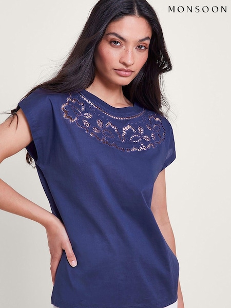Albastru - Tricou din bumbac cu decupaje 100% Monsoon Garcia (B82641) | 163 LEI
