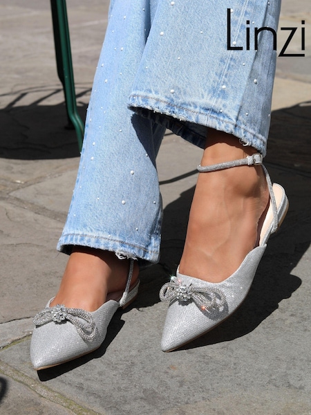Linzi Silver Mayla Satin Flat Mules With Diamante Bow Detail (B82698) | 173 QAR