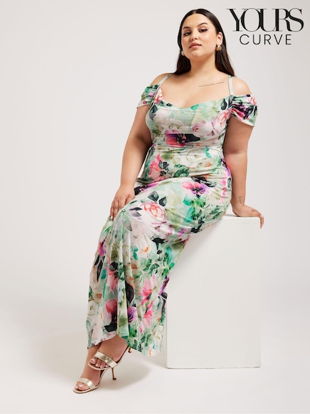 Yours Curve Green London Floral Print Cold Shoulder Dress (B82717) | €34