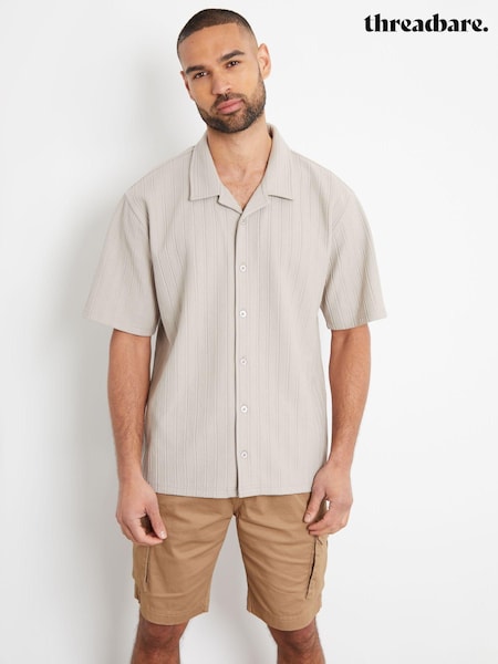 Threadbare Cream/ Brown Textured Revere Collar Short Sleeve Shirt (B82797) | €37