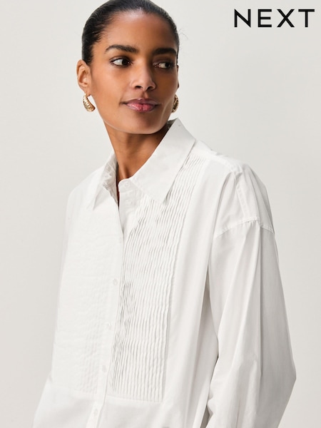 White Pleated Bib Front 100% Cotton Long Sleeve Shirt (B82872) | €28