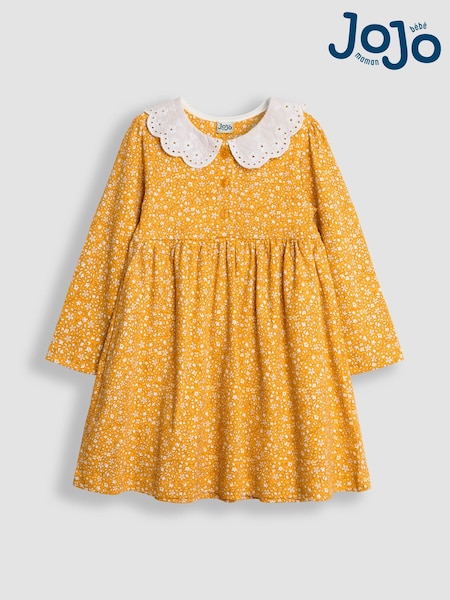 JoJo Maman Bébé Mustard Yellow Ditsy Floral Broderie Collar Dress (B82887) | €39
