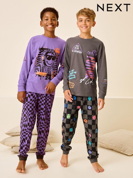 Lächeln/Schachbrett, Schwarz/Lila - 2 Pack Long Sleeve Pyjamas (3-16yrs) (B82968) | 34 € - 44 €