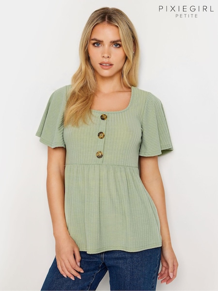 PixieGirl Petite Green Ribbed Button Smock Top (B82991) | €28