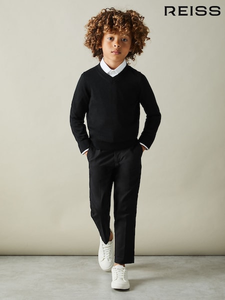 Reiss Black Earl 9-13 yrs Merino Wool V-Neck Jumper (B83041) | €49