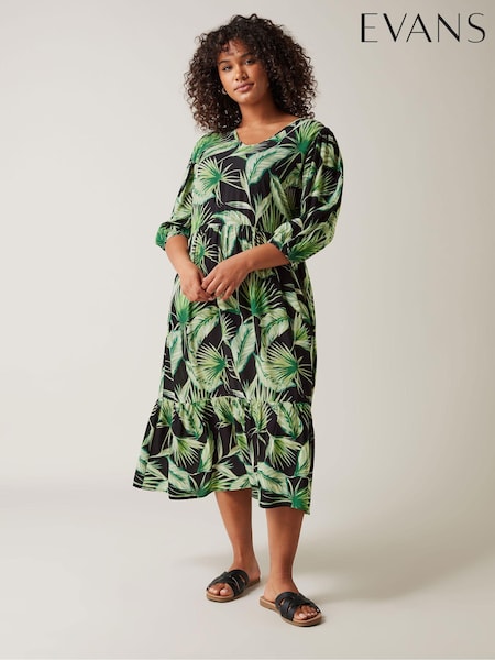 Evans Curve Green Palm Print Tiered Midi Dress (B83084) | €60