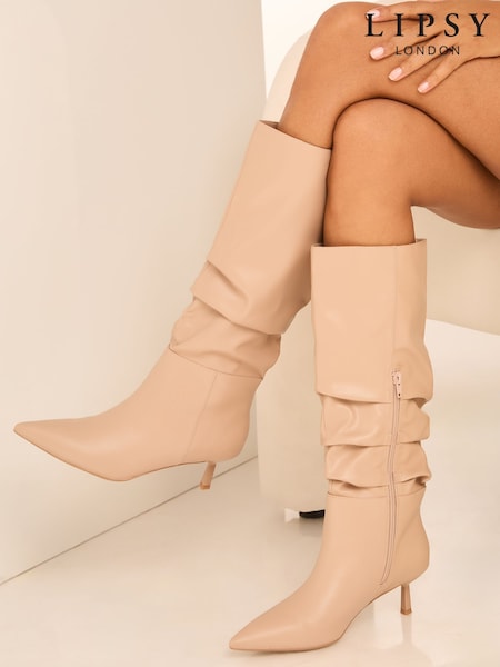 Lipsy Nude Standard Fit Kitten Heel Faux Leather Ruched Long Knee High Boot (B83156) | AED203