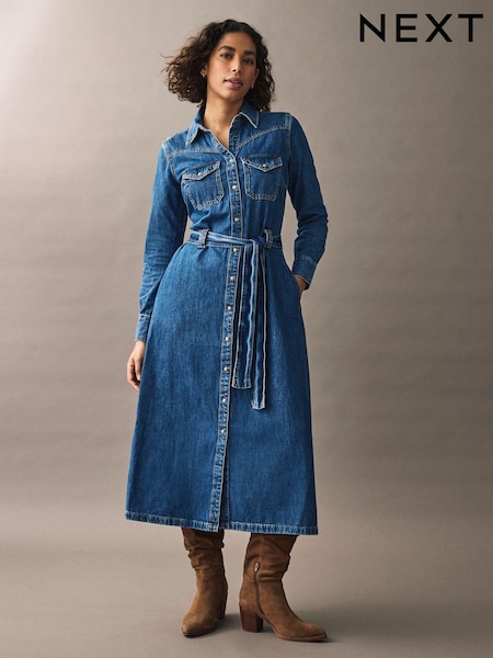 أزرق داكن - Western Midi Denim 100% Cotton Shirt Dress (B83214) | ‏115 د.إ.‏