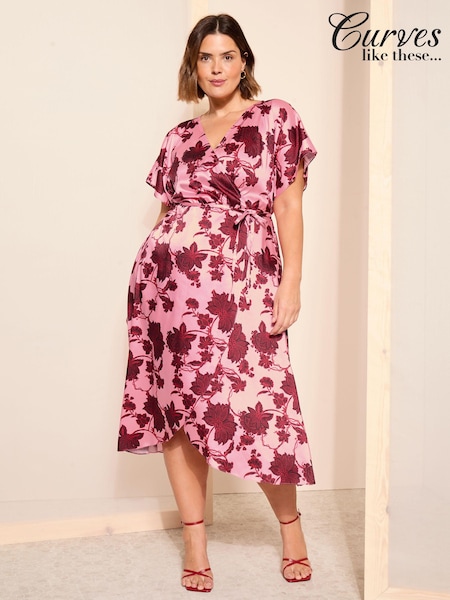 Curves Like These Pink Satin Flutter Sleeve Wrap Midi Dress (B83282) | €37