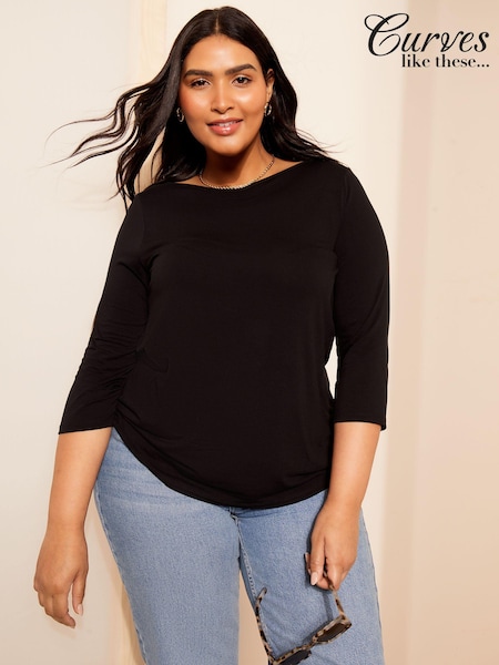 Black - Curves Like These Boat Neck T-Shirt (B83330) | 135 LEI