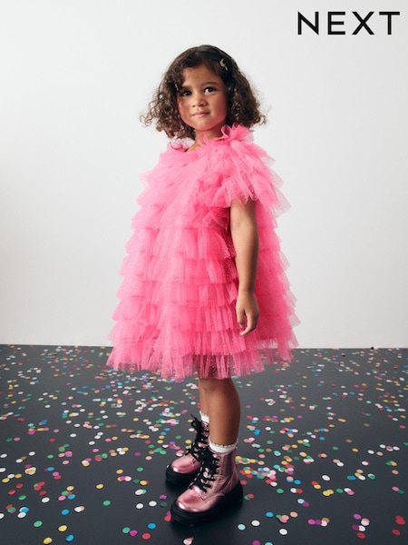 Bright Pink Sparkle Ruffle Mesh Dress (3mths-8yrs) (B83533) | AED85 - AED106