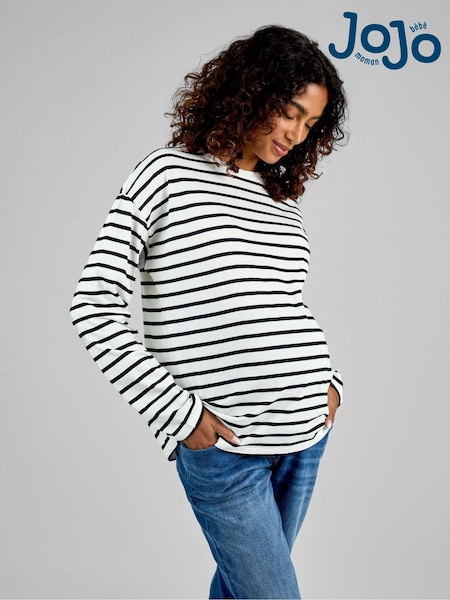 JoJo Maman Bébé Black & Cream Stripe Long Sleeve Boyfriend Maternity T-Shirt (B83555) | ₪98