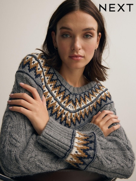 Grau - Fair Isle Pattern V-Neck Cable Knit Jumper (B83584) | 13 €