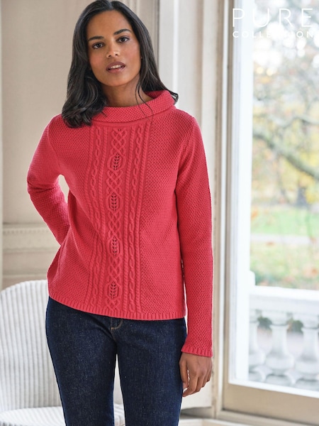 Pure Collection Red 100% Cotton Bardot Cable Sweater (B83681) | €63