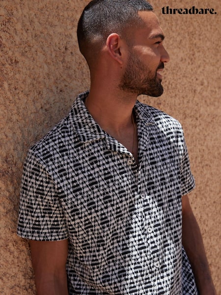 Negru - Threadbare Blend Zig Zag Revere Guler Mânecă scurtă Cămăși (B83865) | 108 LEI