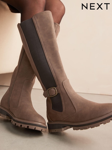 Chocolate Brown Standard/Wide Fit Forever Comfort® Knee High Buckle Chelsea Boots (B83891) | AED247
