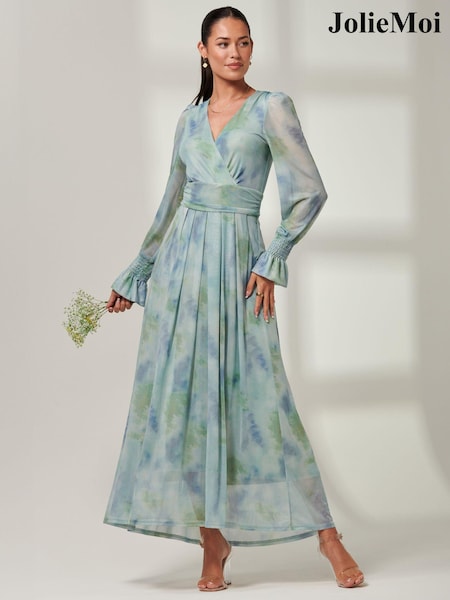 Jolie Moi Tie Dye Blue Greta Long Sleeve Mesh Maxi Dress (B83909) | 440 QAR