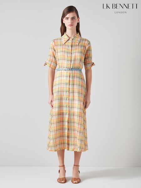 LK Bennett Saffron Gingham Seersucker Cotton Shirt Dress (B83949) | €252