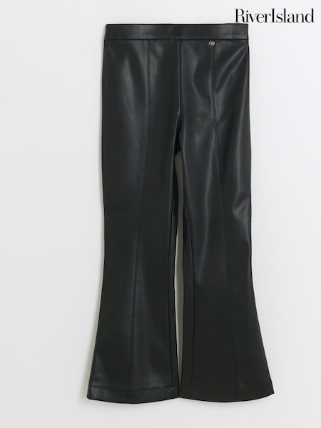 River Island Black Girls Faux Fur Leather Kick Flare 100% Cotton Trousers (B83963) | AED58