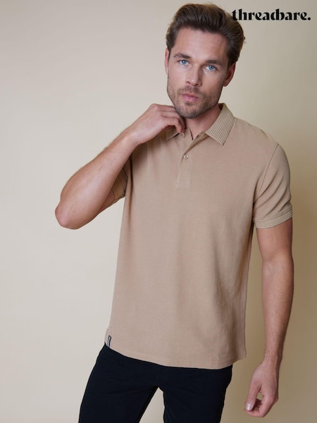 Threadbare Stone 100% Cotton Polo Shirt With Herringbone Detail Collar (B84013) | €13