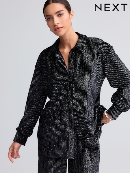 Black Sparkle Pinstripe Velvet Long Sleeve Shirt (B84038) | €19