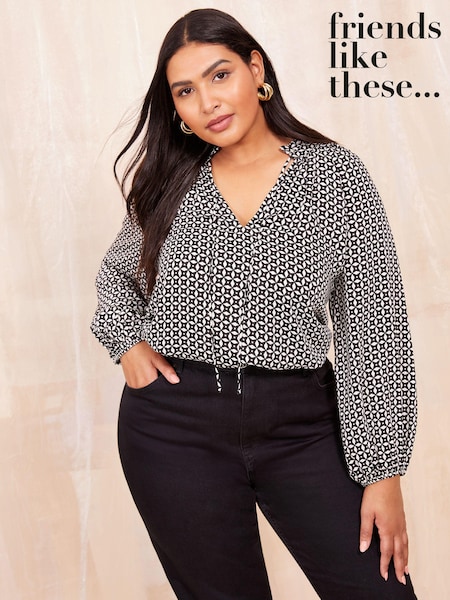שחור/לבן - Curves Like These Long Sleeve Satin Tie Neck Blouse (B84078) | ‏181‏₪