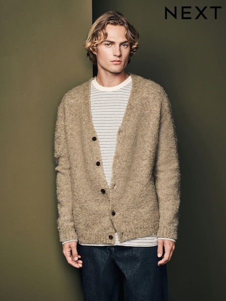 Neutral Relaxed Fit Bouclé Texture Cardigan with Wool (B84148) | 99 QAR