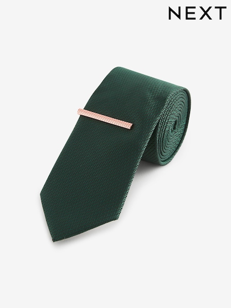 ירוק כהה - גזרה צרה - Textured Tie And Clip Set (B84156) | ‏48‏₪