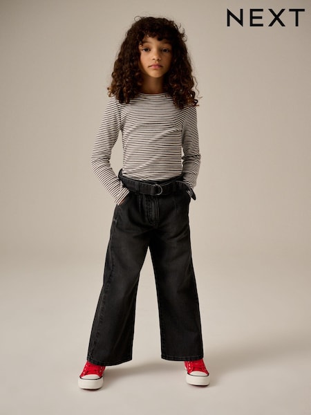 Charcoal Grey 100% Cotton Wide Leg Jeans With Belt (3-16yrs) (B84183) | AED60 - AED78