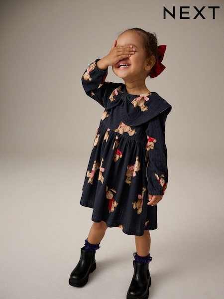 Navy Bear Long Sleeve Collared 100% Cotton Dress (3mths-7yrs) (B84275) | AED39 - AED46