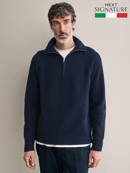 Navy Blue Regular Fit Signature 100% Italian Merino Quarter Zip Jumper (B84282) | AED197